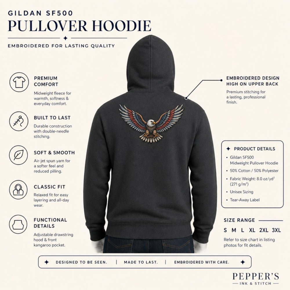 Custom Embroidered Pullover Hoodie – Center Front or Upper Back, Personalized Design, Digitizing Included