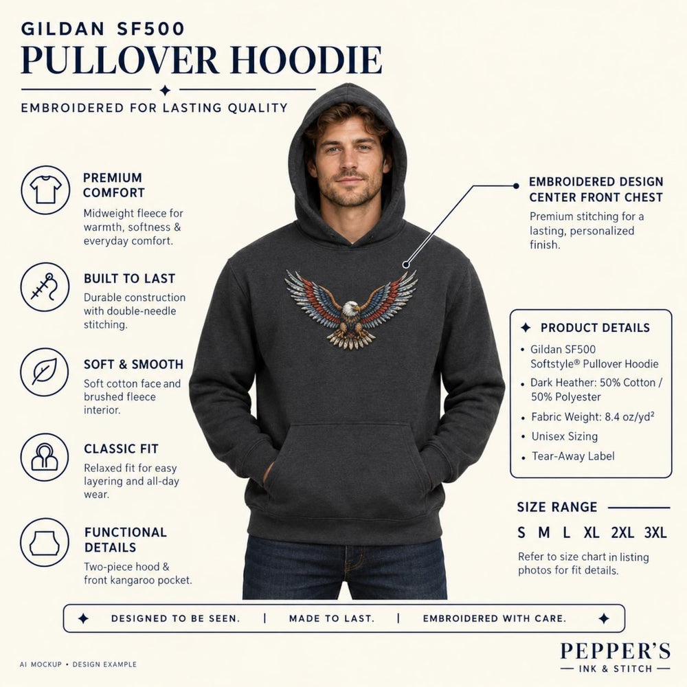 Custom Embroidered Pullover Hoodie – Center Front or Upper Back, Personalized Design, Digitizing Included