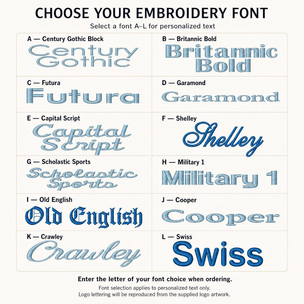 Embroidery font chart with styles A through L