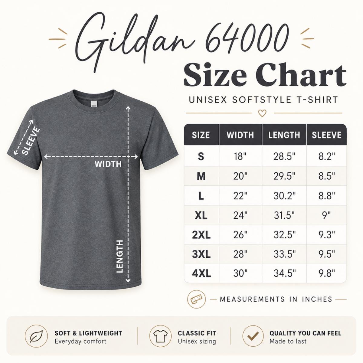 Gildan 64000 Softstyle size chart, S–4XL
