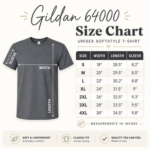 Gildan 64000 Softstyle size chart, S–4XL
