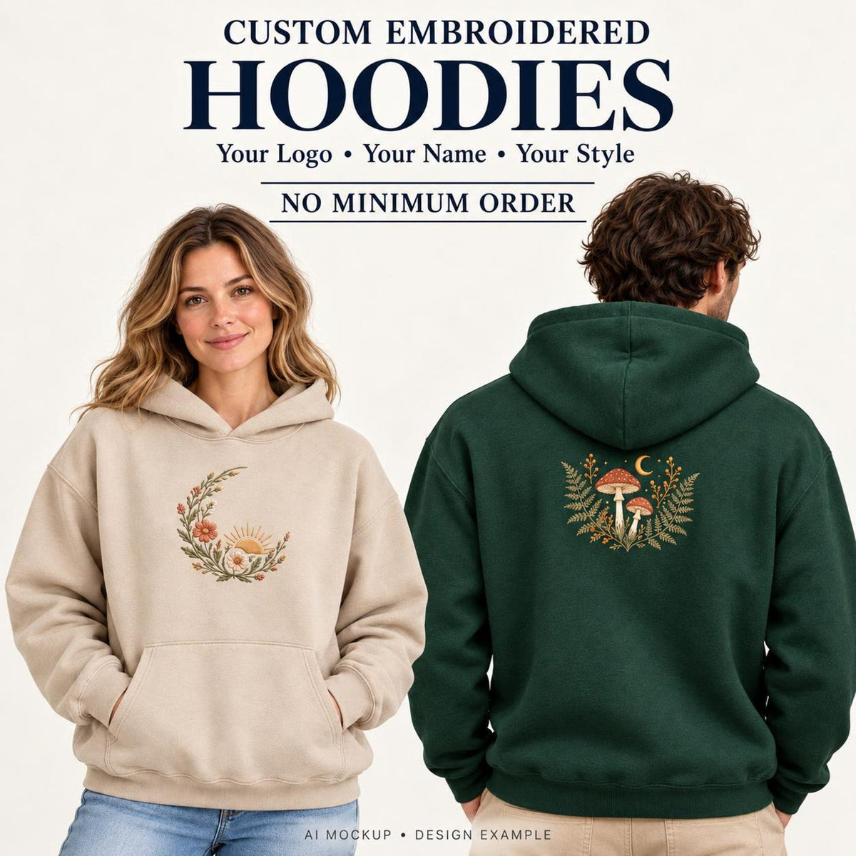 Custom Embroidered Pullover Hoodie – Center Front or Upper Back, Personalized Design, Digitizing Included