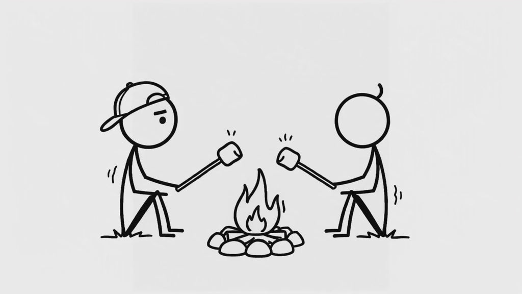Tuft & Brow Marshmallow cartoon animation with two stick figures roasting marshmallows by a campfire