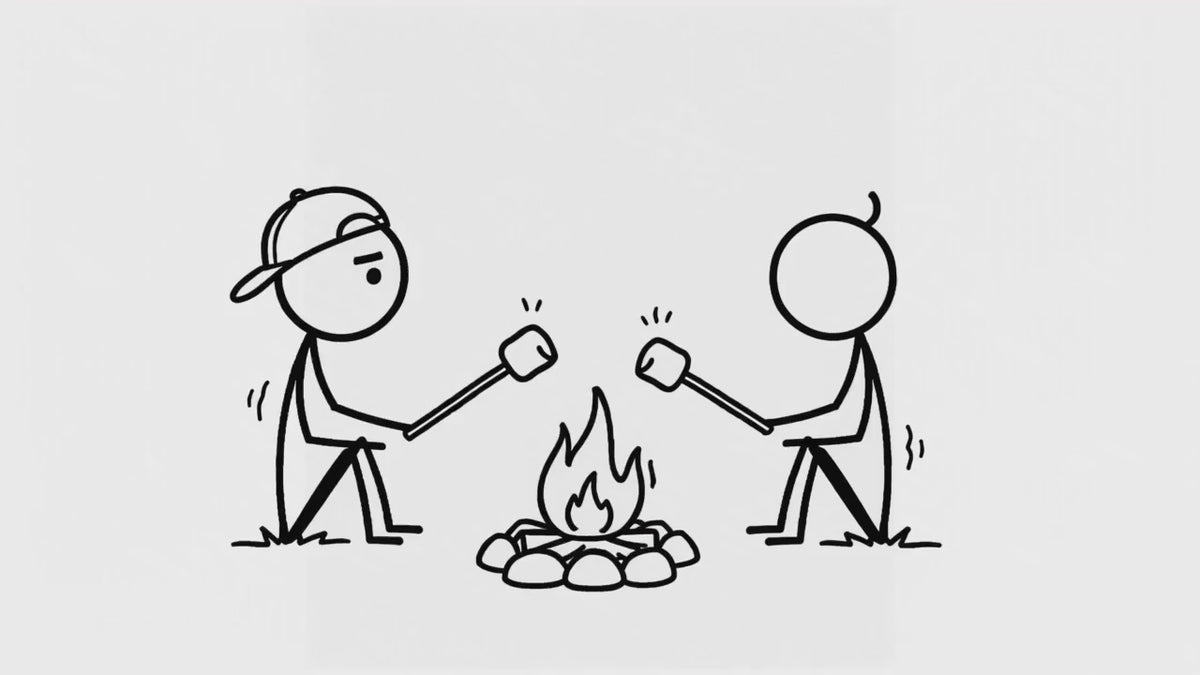 Tuft & Brow Marshmallow cartoon animation with two stick figures roasting marshmallows by a campfire