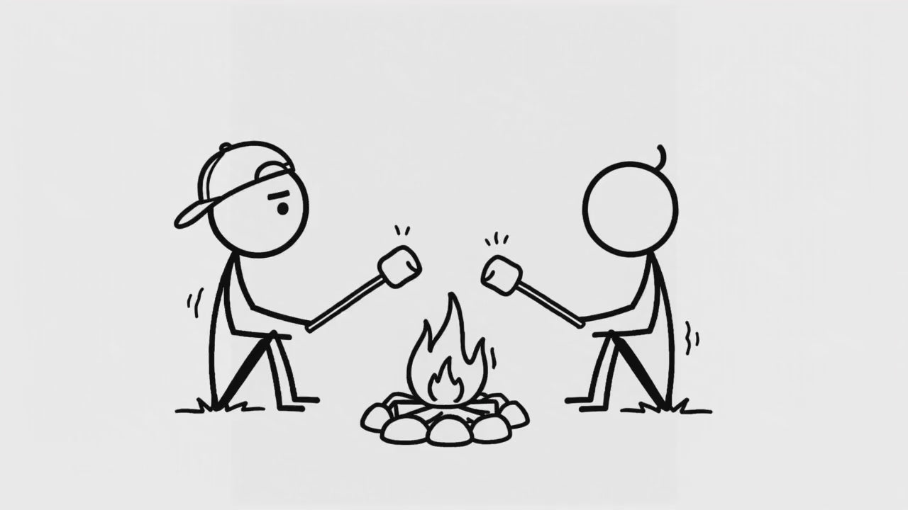 Tuft & Brow Marshmallow cartoon animation with two stick figures roasting marshmallows by a campfire