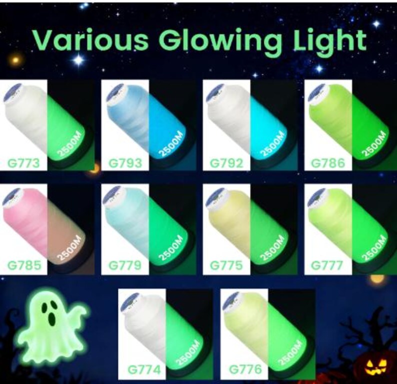 Glow embroidery thread color chart showing daylight and dark appearance; thread spools are not included