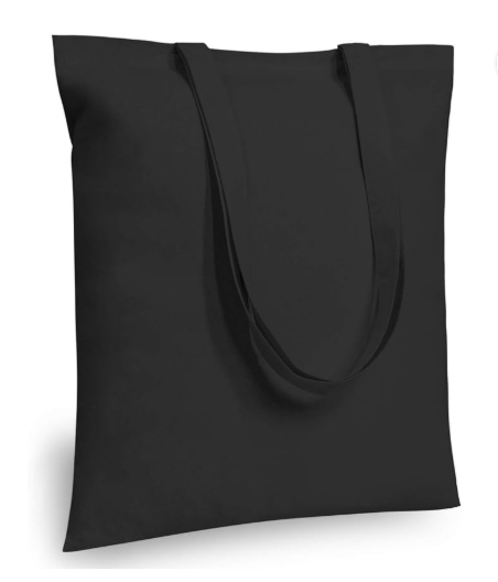Black 15 by 16 inch cotton tote with reinforced handles; blank bag color reference