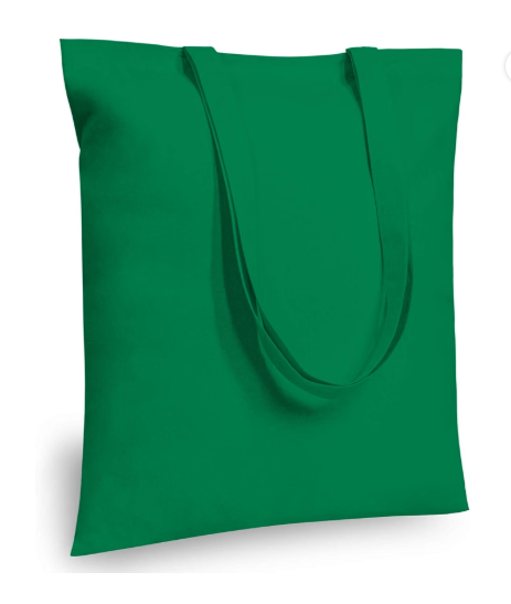 Kelly Green 15 by 16 inch cotton tote with reinforced handles; blank bag color reference