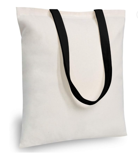 Natural with Black Handles 15 by 16 inch cotton tote with reinforced handles; blank bag color reference