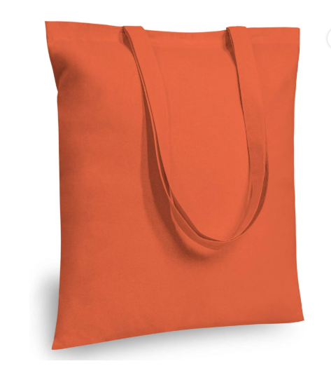 Orange 15 by 16 inch cotton tote with reinforced handles; blank bag color reference