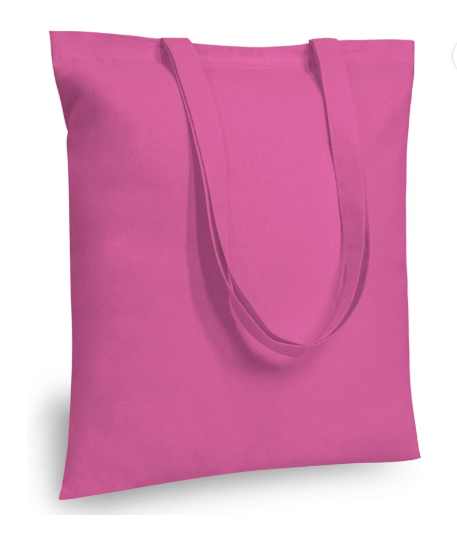 Pink 15 by 16 inch cotton tote with reinforced handles; blank bag color reference