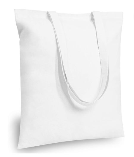 White 15 by 16 inch cotton tote with reinforced handles; blank bag color reference