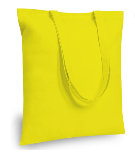 Yellow 15 by 16 inch cotton tote with reinforced handles; blank bag color reference