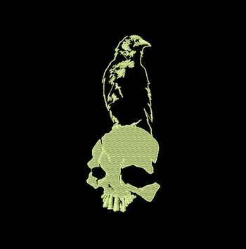 Skull and Raven glow embroidery design for cotton tote; artwork background is not printed