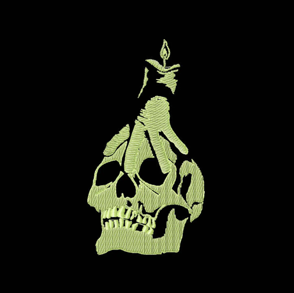 Skull Candle glow embroidery design for cotton tote; artwork background is not printed