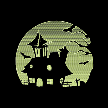 Spooky House glow embroidery design for cotton tote; artwork background is not printed