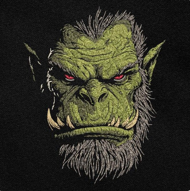 Design 1: Green Monster embroidery artwork for standard tote; background is not printed