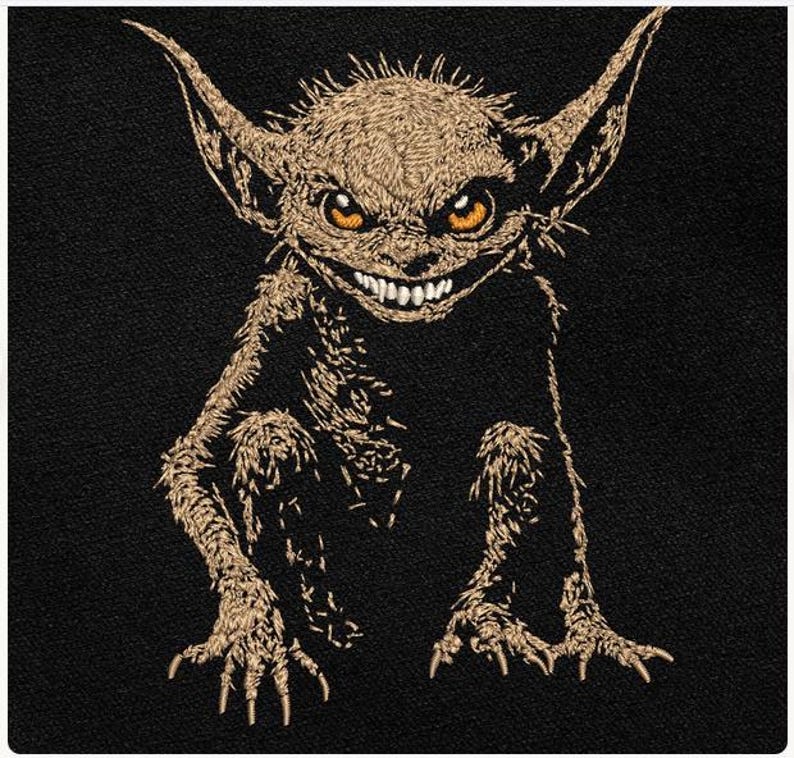 Design 2: Grinning Goblin embroidery artwork for standard tote; background is not printed