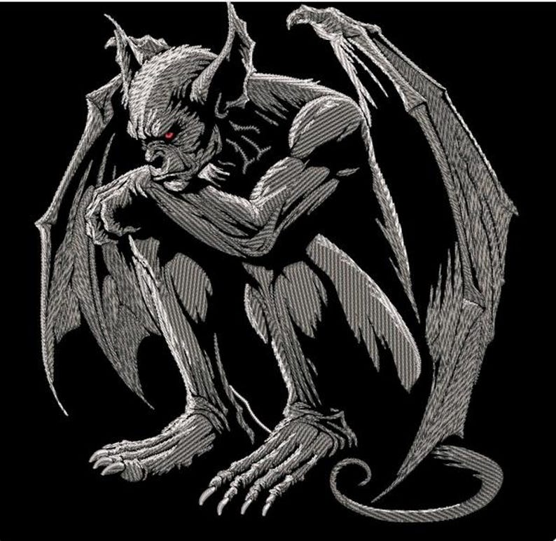 Design 3: Winged Gargoyle embroidery artwork for standard tote; background is not printed