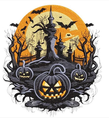 Design 6: Moonlit Halloween Castle embroidery artwork for standard tote; background is not printed