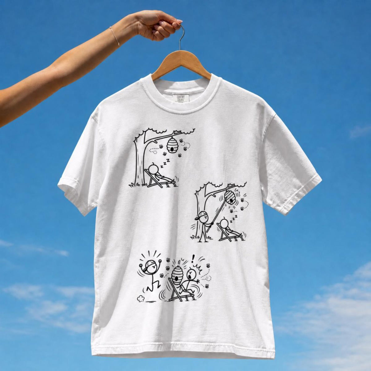 Tuft & Brow Bees comic T-shirt mockup on white, showing three staggered scenes