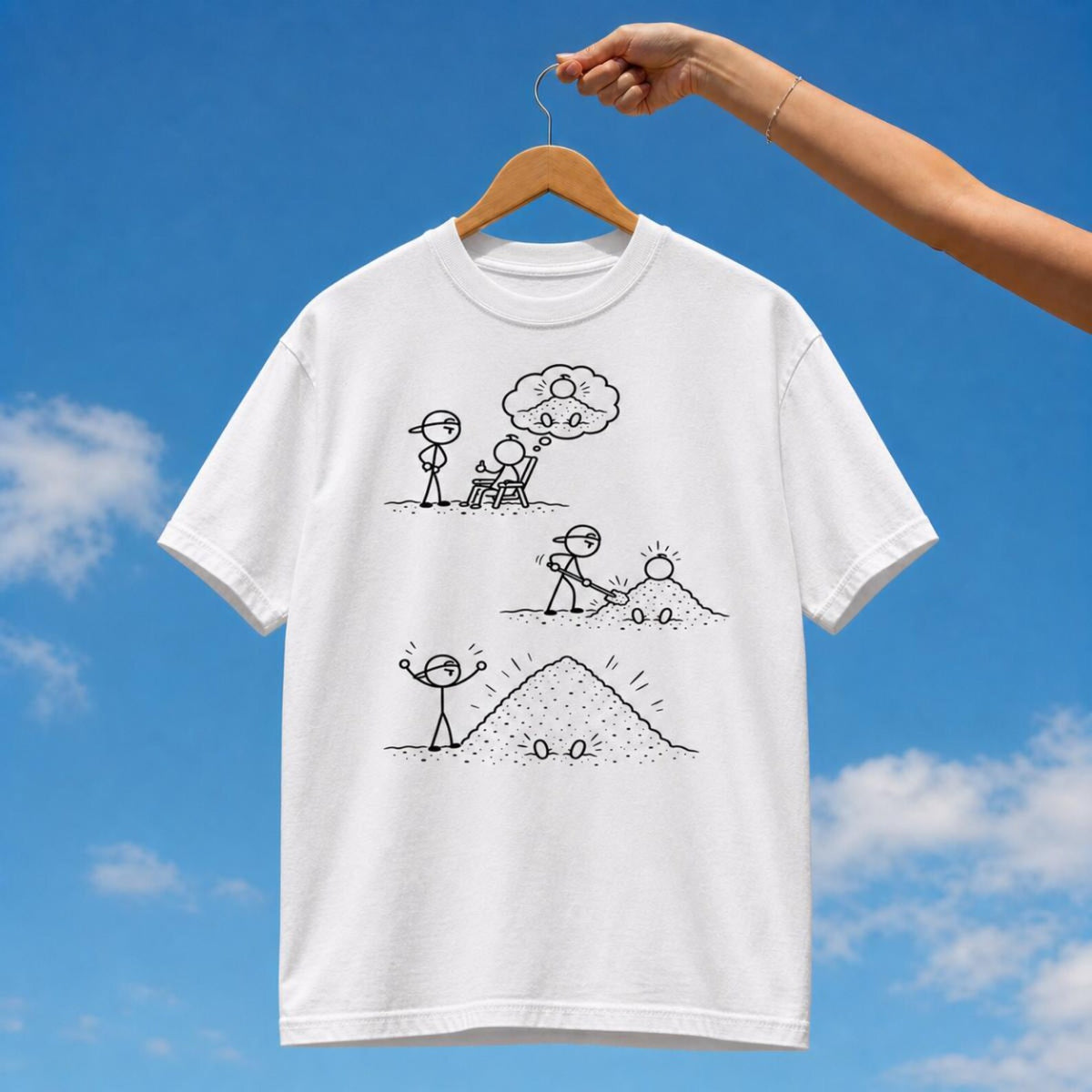 Tuft & Brow Buried Alive comic T-shirt mockup on white, showing three staggered scenes