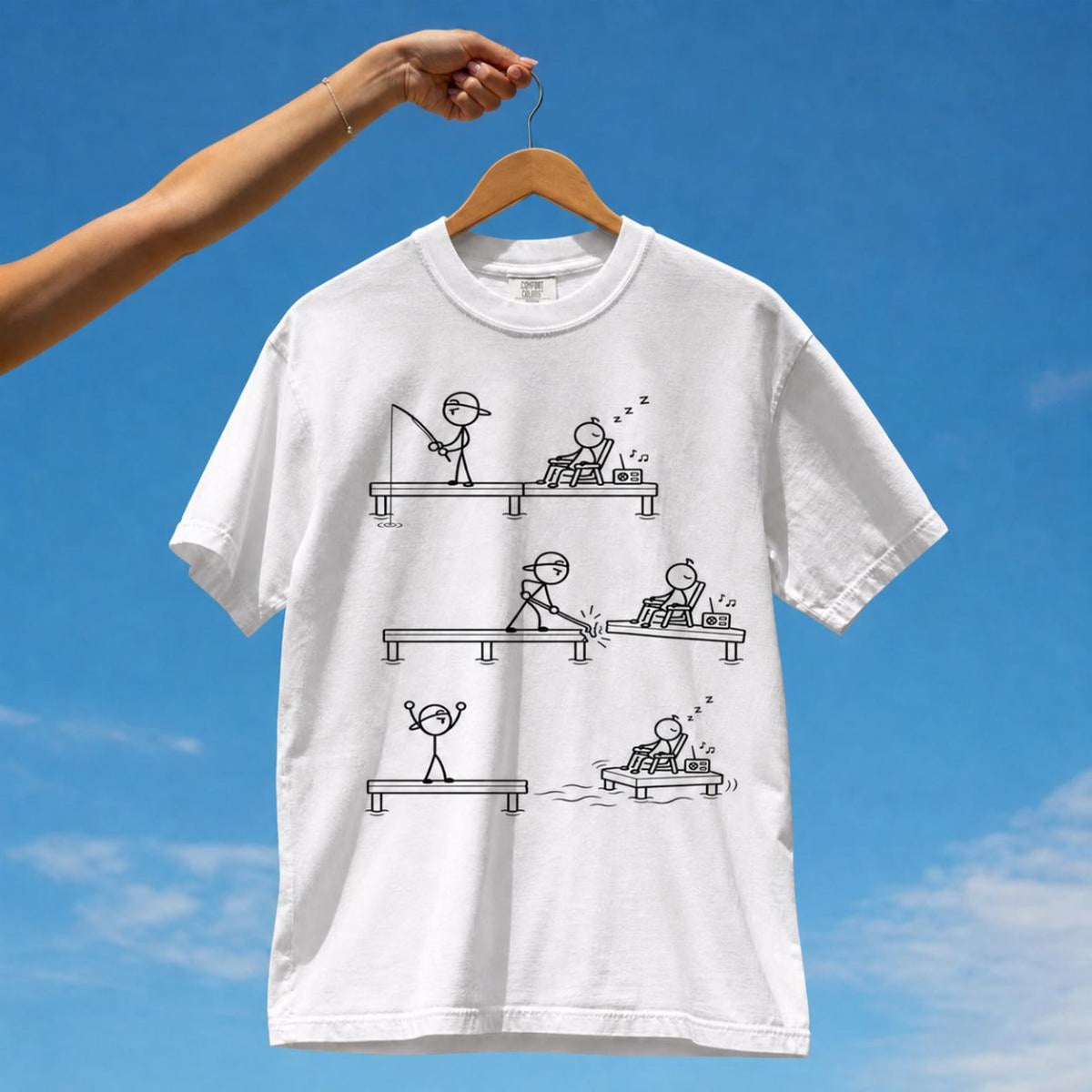 Tuft & Brow Drifting comic T-shirt mockup on white, showing three staggered scenes