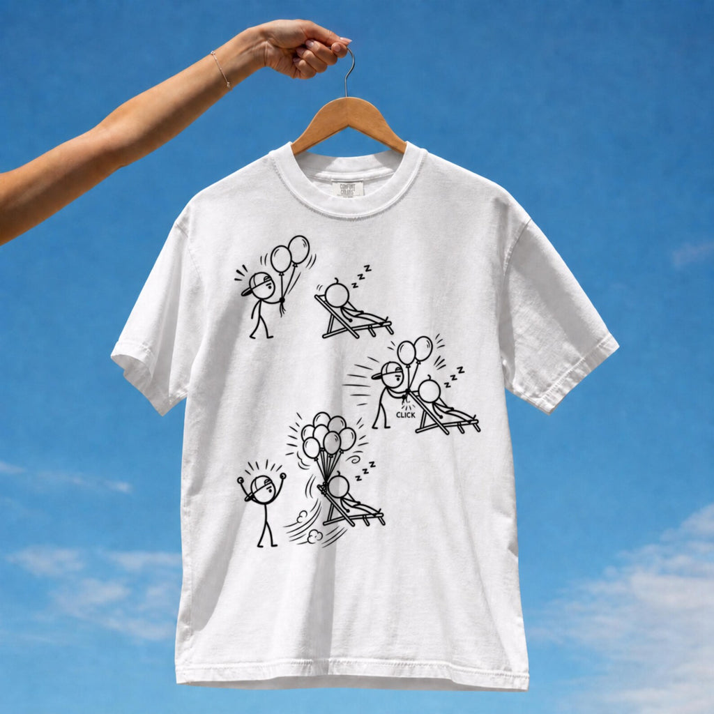 Tuft & Brow Float Away comic T-shirt mockup on white, showing three staggered scenes