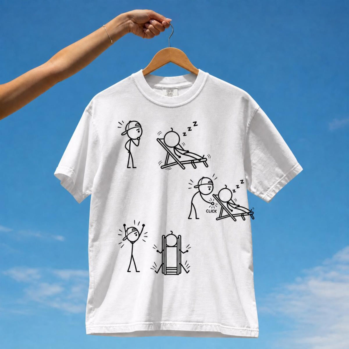 Tuft & Brow Folding Chair comic T-shirt mockup on white, showing three staggered scenes