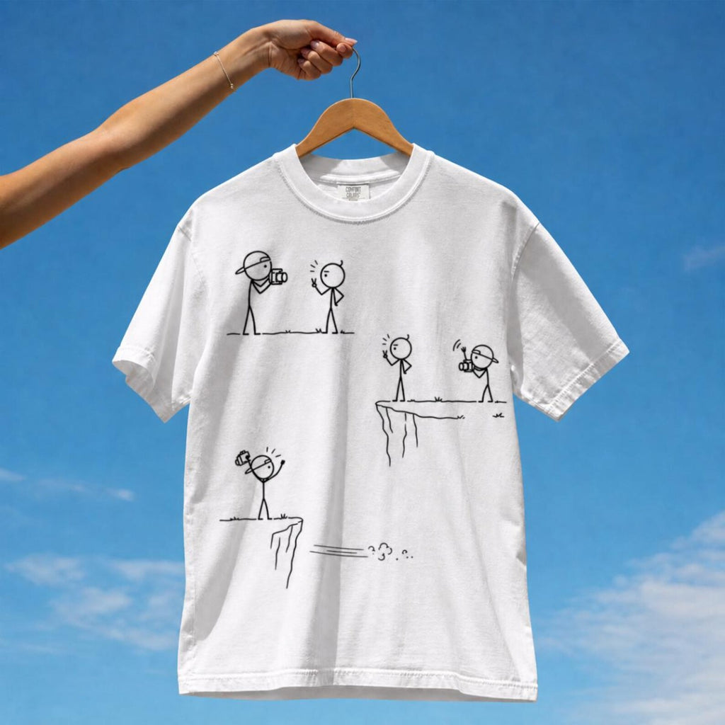 Tuft & Brow Photo Spot comic T-shirt mockup on white, showing three staggered scenes