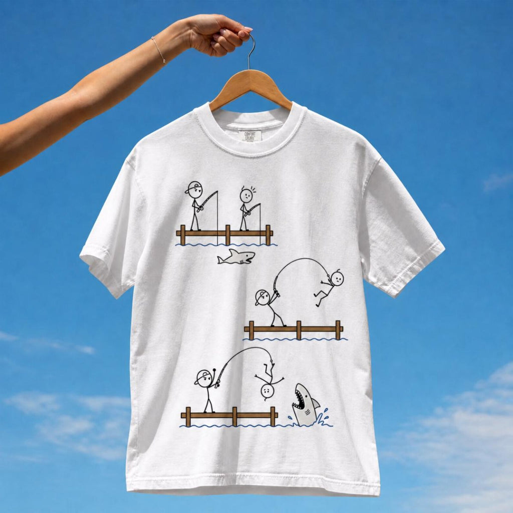 Tuft & Brow Shark Food comic T-shirt mockup on white, showing three staggered scenes