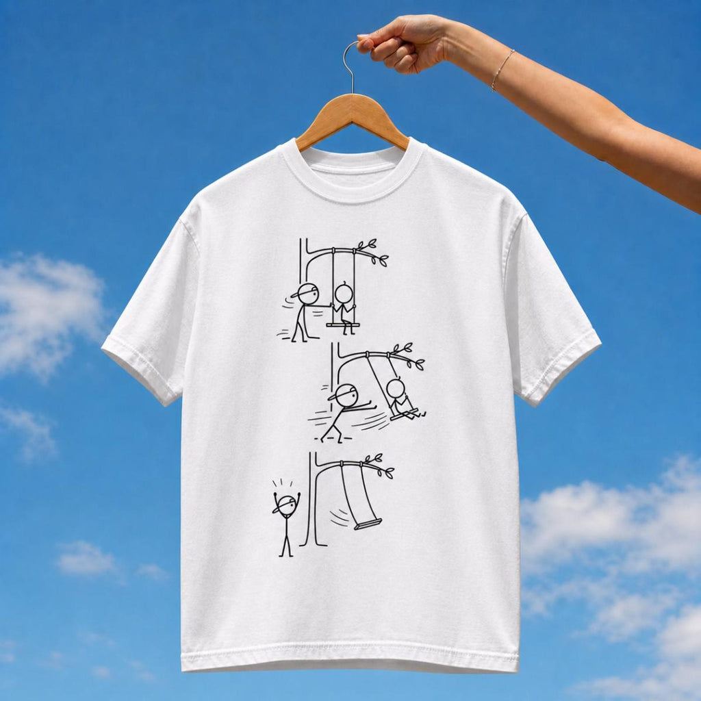 Tuft & Brow Swing comic T-shirt mockup on white, showing three staggered scenes
