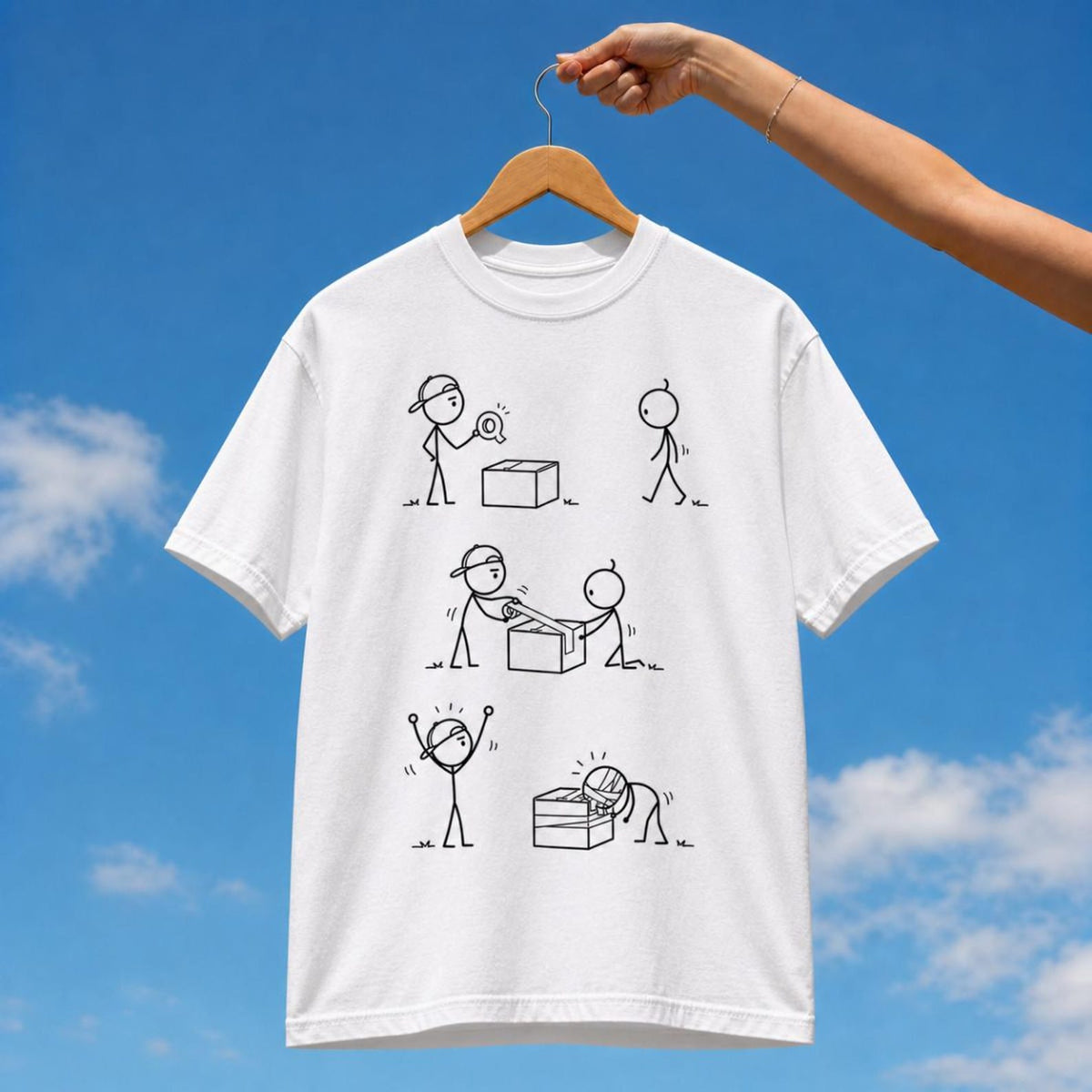 Tuft & Brow Tape Help comic T-shirt mockup on white, showing three staggered scenes