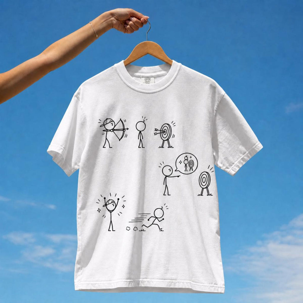 Tuft & Brow William Tell comic T-shirt mockup on white, showing three staggered scenes